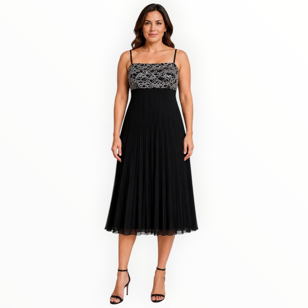 R&M Collection Sz 14 Black Silver Sequin Lace Bodice Pleated Cocktail Dress 34"‎